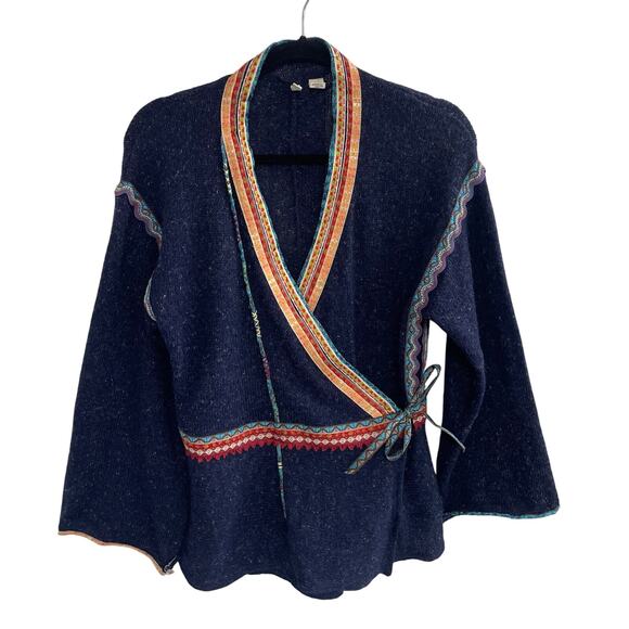Anthropologie Moth Corn Wind Navy Multicolor Embroidered Wrap Cardigan Medium - Picture 1 of 8